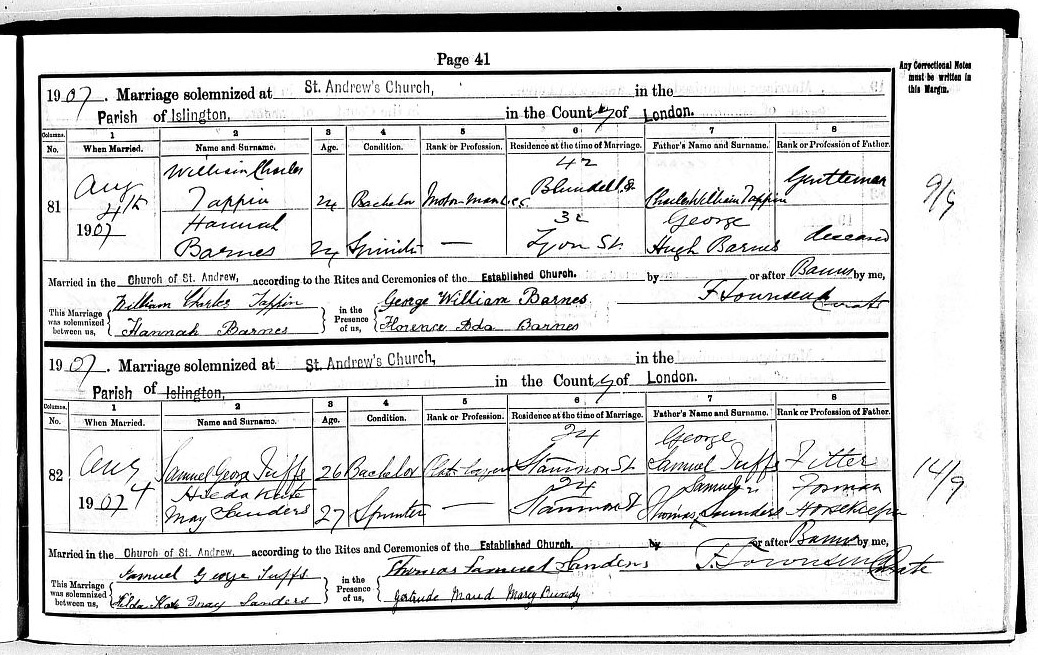 1907 marriage of Hannah Barnes to William Charles Tappin